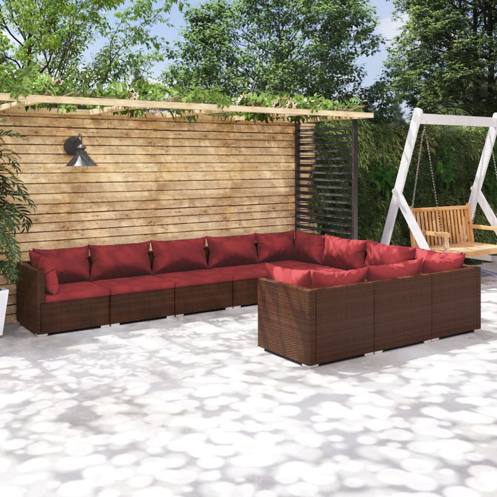 Set Divani da Giardino 10 pz con Cuscini in Polyrattan Marrone | homemem39