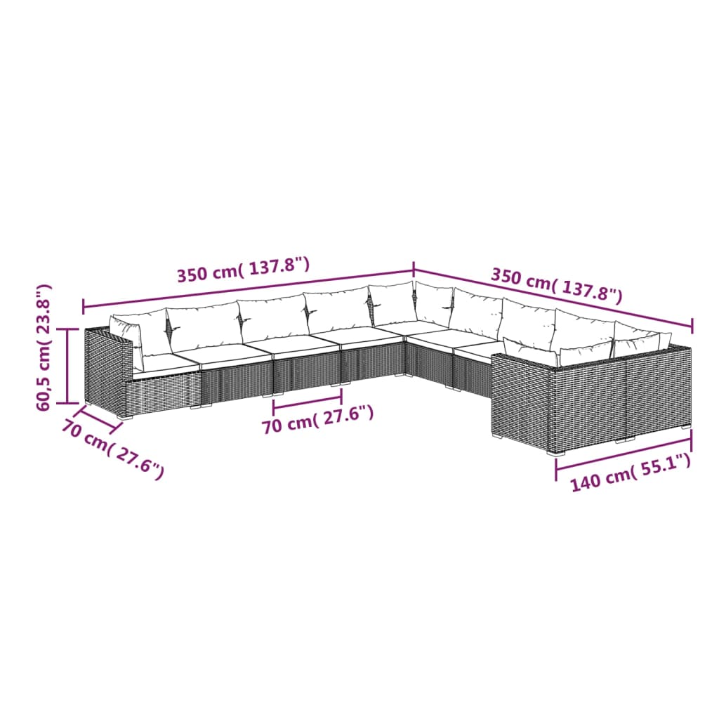 Set Divani da Giardino 10 pz con Cuscini in Polyrattan Marrone | homemem39