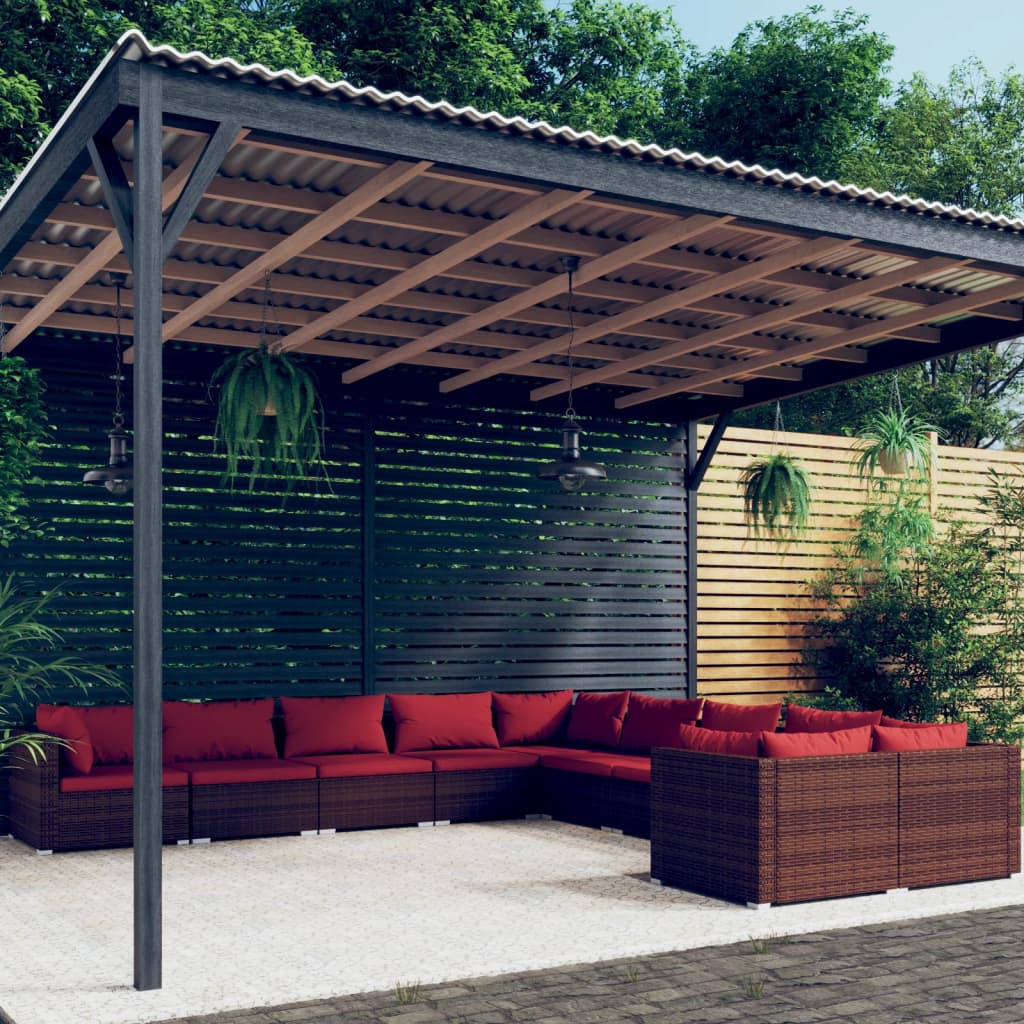 Set Divani da Giardino 10 pz con Cuscini in Polyrattan Marrone | homemem39