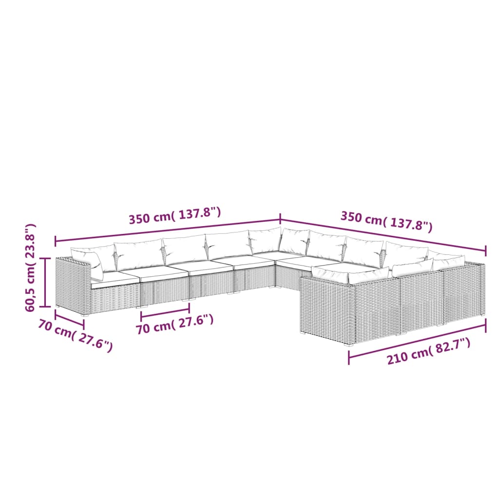 Set Divani da Giardino 11 pz con Cuscini in Polyrattan Marrone | homemem39