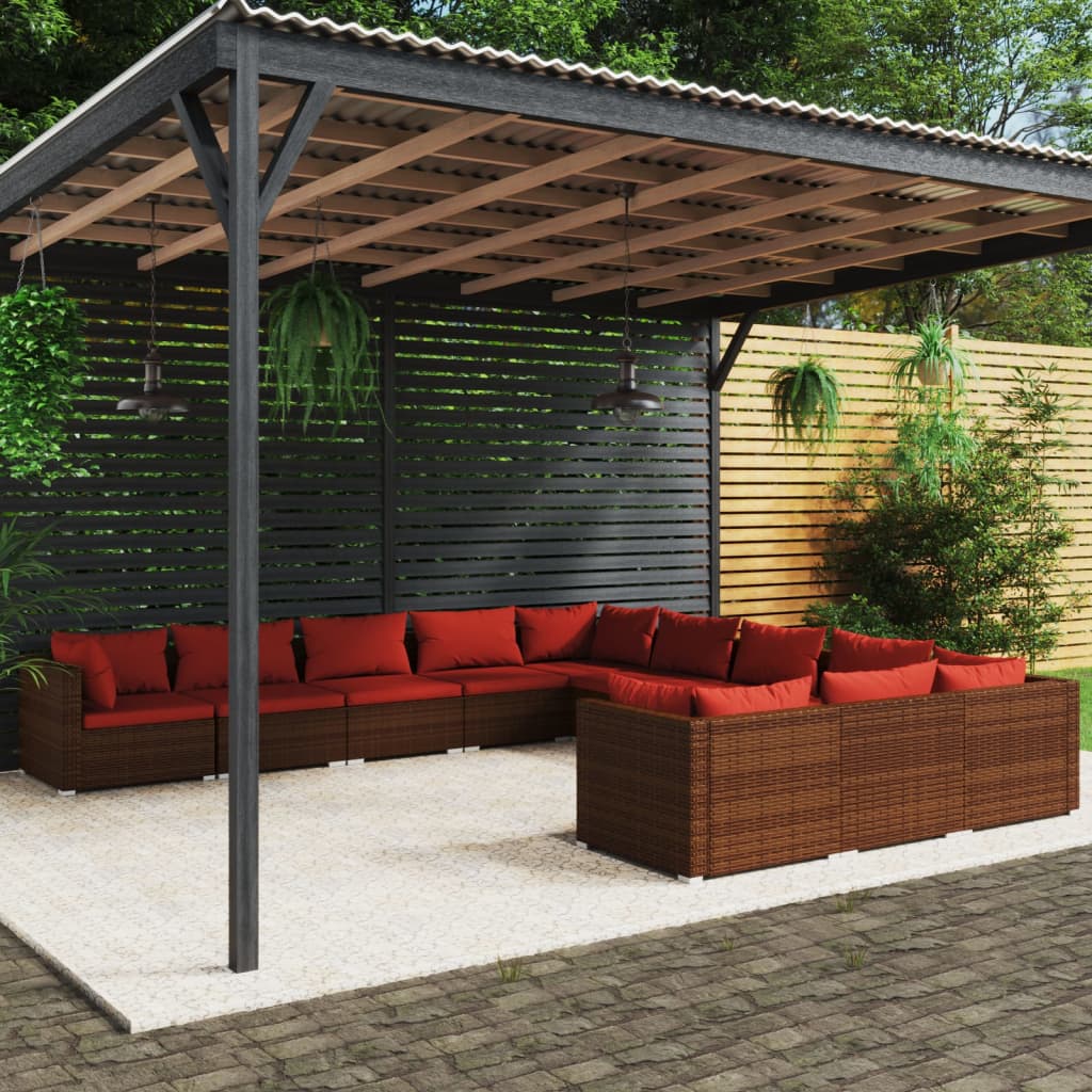 Set Divani da Giardino 11 pz con Cuscini in Polyrattan Marrone | homemem39