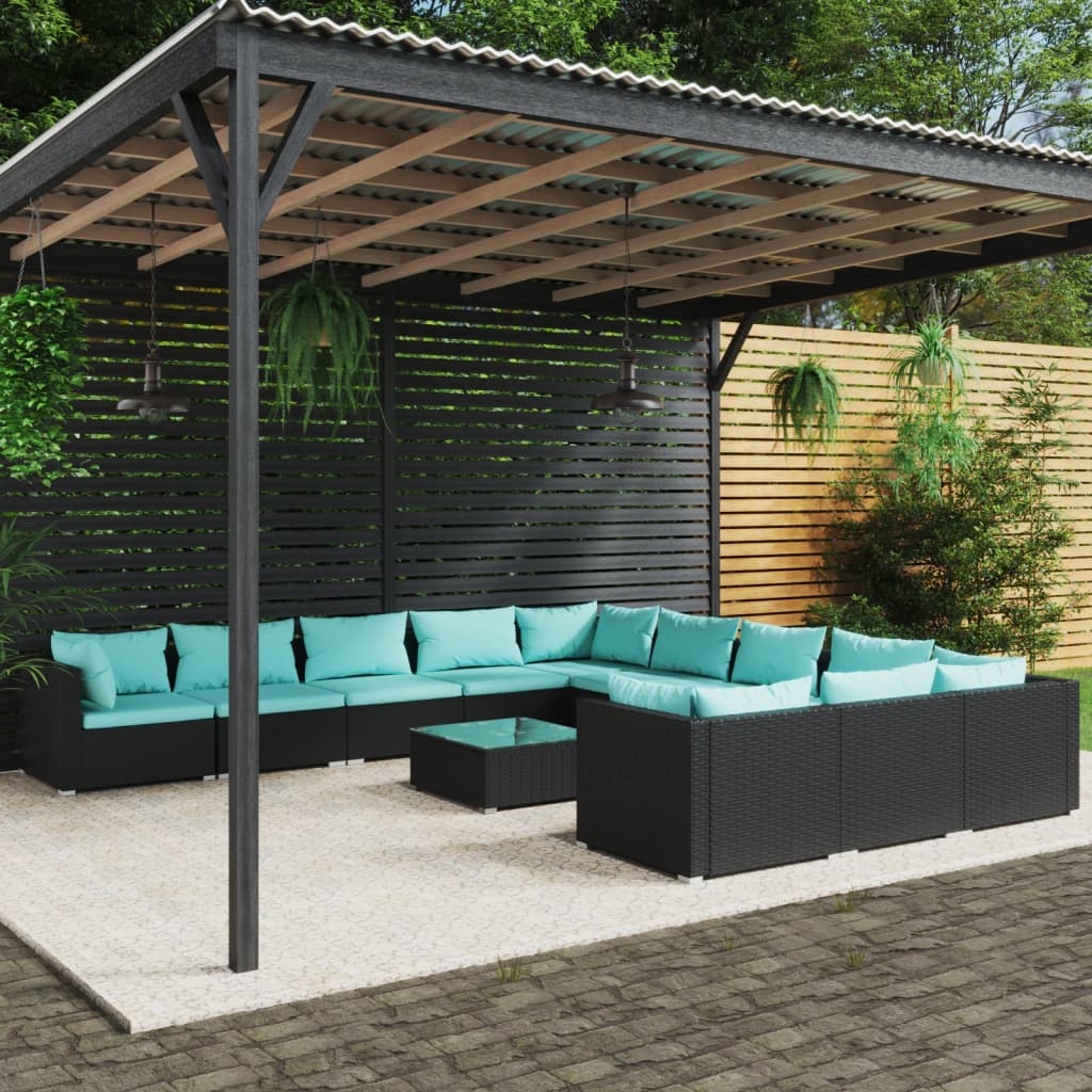 Set Divani da Giardino 12 pz con Cuscini in Polyrattan Nero | homemem39