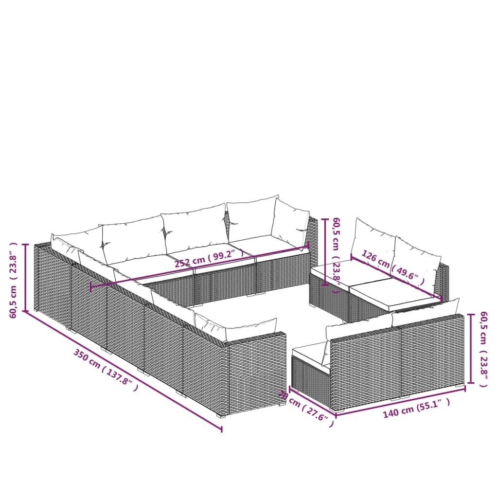 Set Divani da Giardino 12 pz con Cuscini in Polyrattan Marrone | homemem39