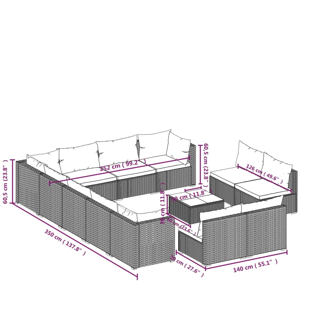 Set Divani da Giardino 13 pz con Cuscini in Polyrattan Marrone | homemem39