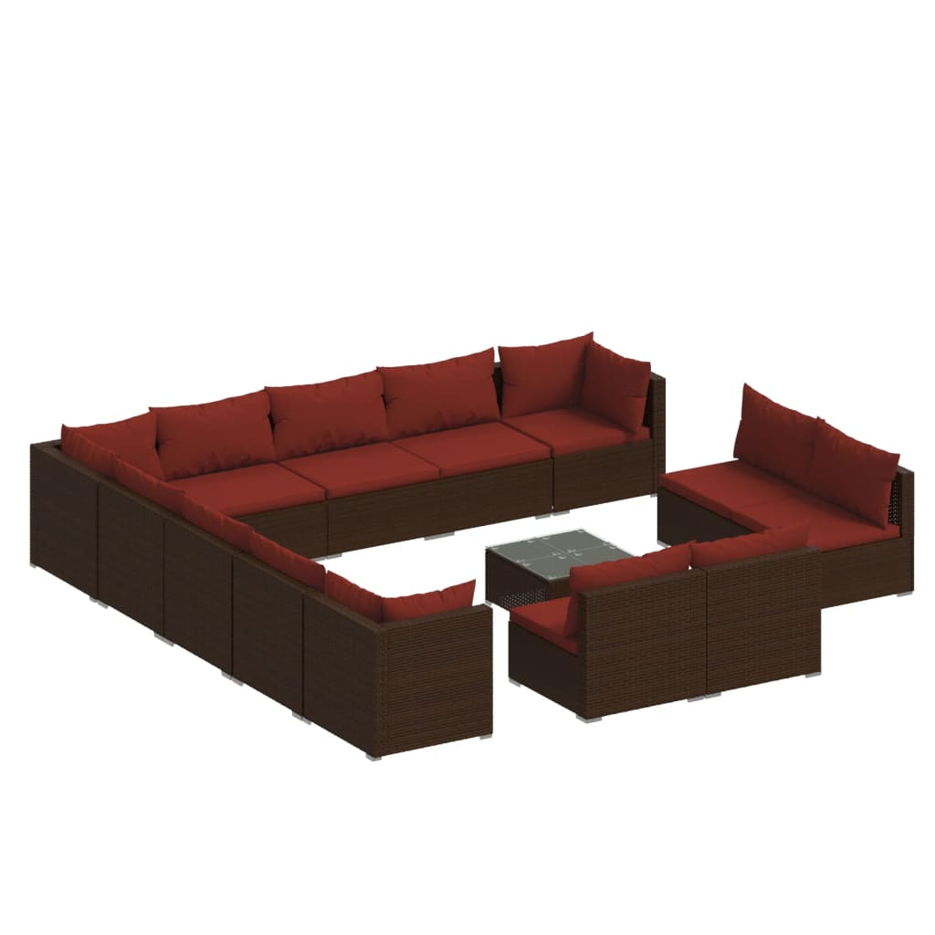 Set Divani da Giardino 14 pz con Cuscini in Polyrattan Marrone | homemem39