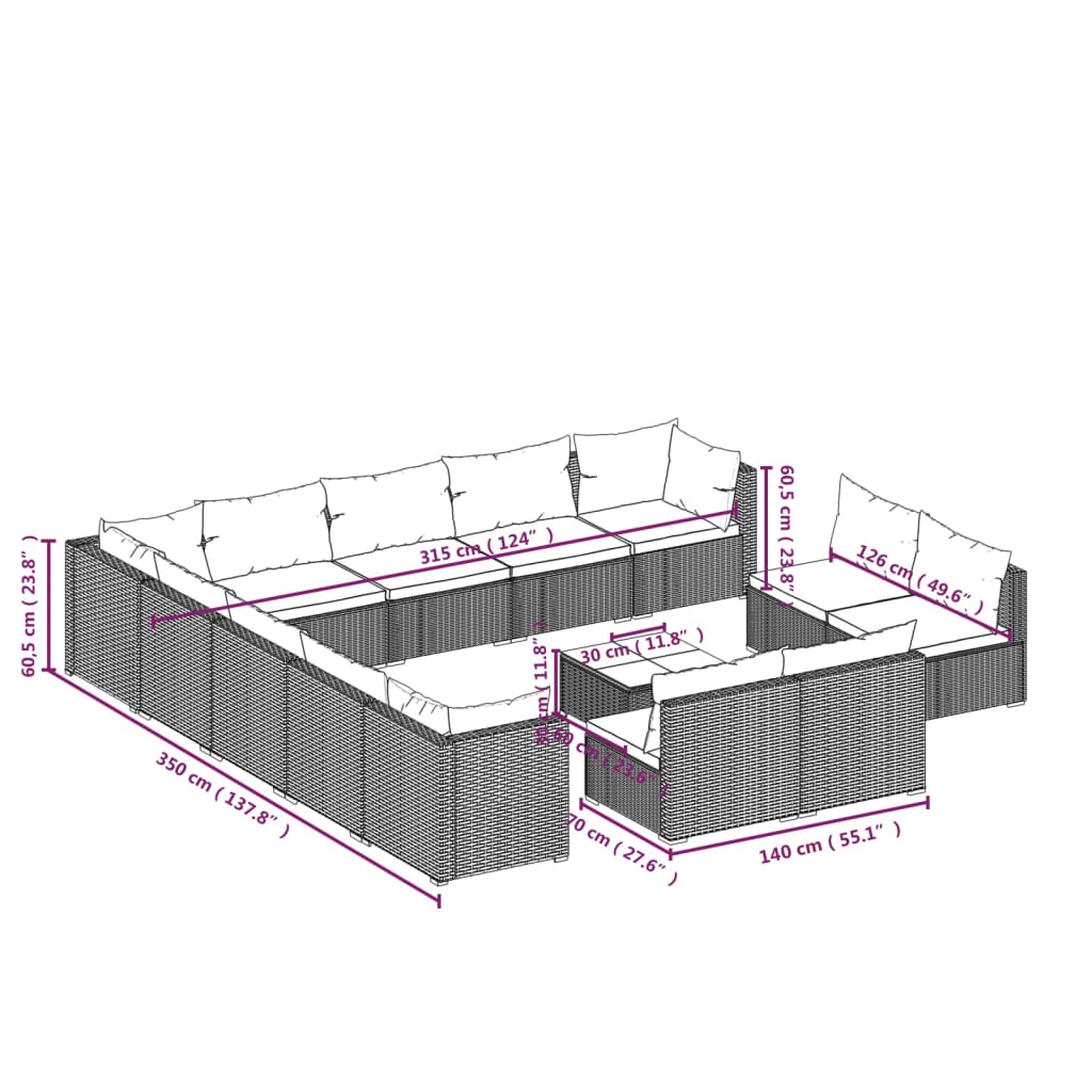 Set Divani da Giardino 14 pz con Cuscini in Polyrattan Marrone | homemem39