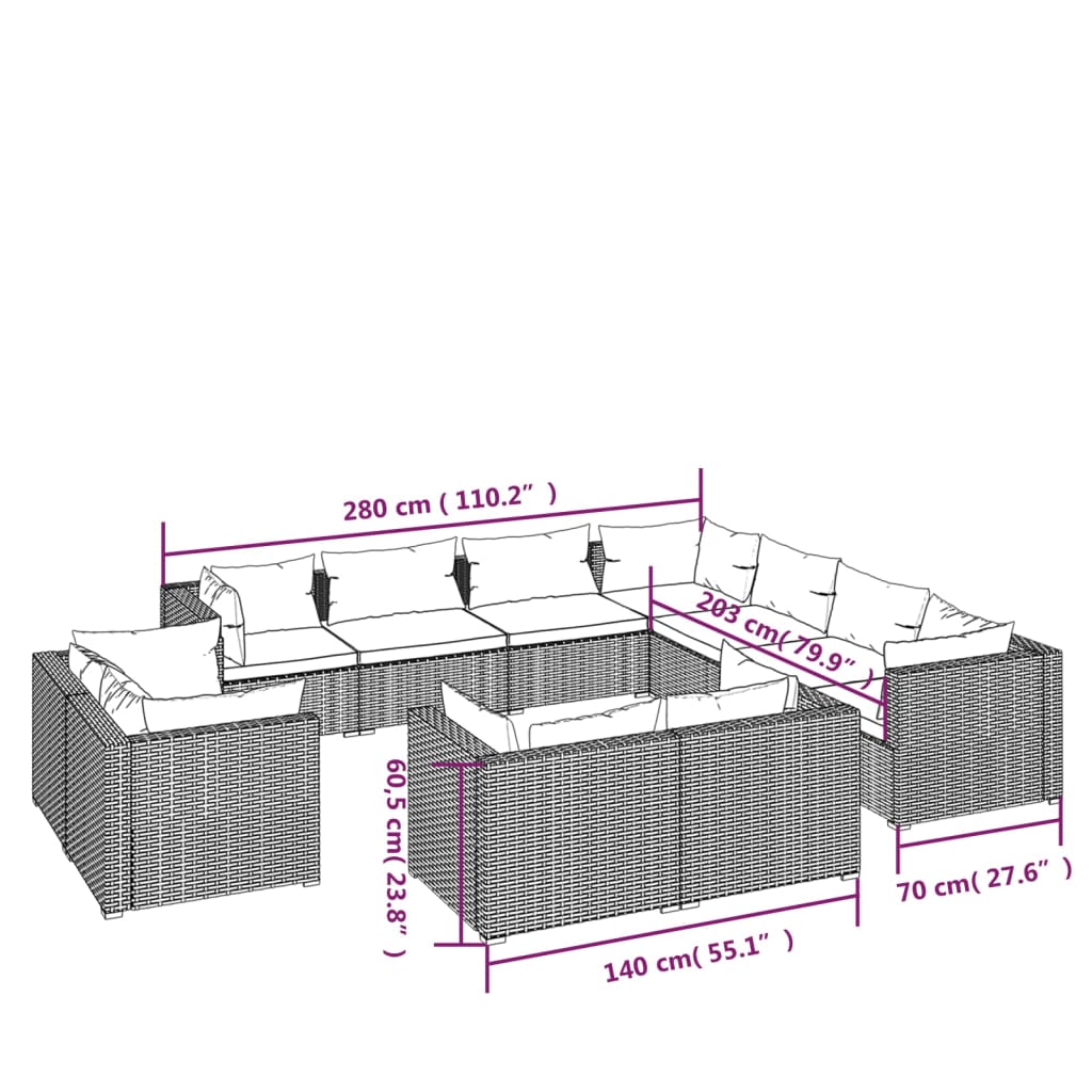 Set Divani da Giardino 11 pz con Cuscini in Polyrattan Marrone | homemem39