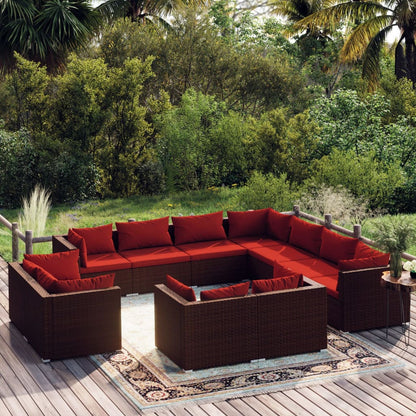 Set Divani da Giardino 11 pz con Cuscini in Polyrattan Marrone | homemem39