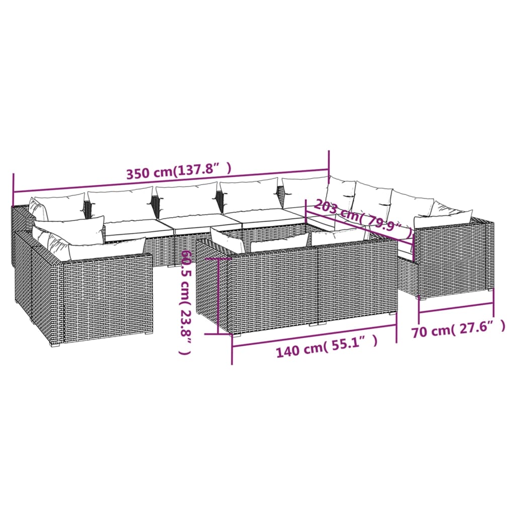Set Divani da Giardino 12 pz con Cuscini in Polyrattan Marrone | homemem39