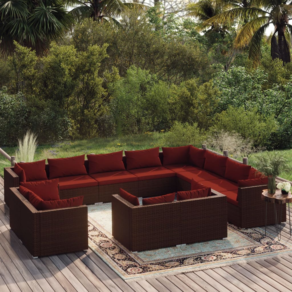 Set Divani da Giardino 12 pz con Cuscini in Polyrattan Marrone | homemem39