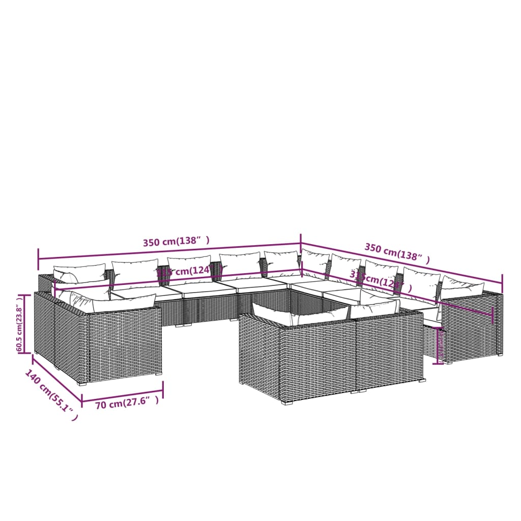 Set Divani da Giardino 13 pz con Cuscini in Polyrattan Marrone | homemem39