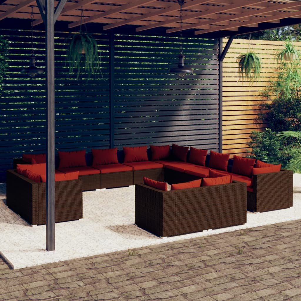 Set Divani da Giardino 13 pz con Cuscini in Polyrattan Marrone | homemem39