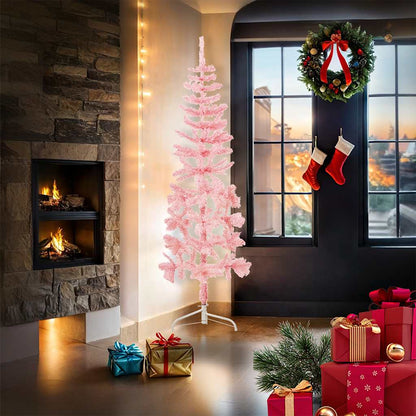 Albero Natale Artificiale Sottile a Metà e Supporto Rosa 180 cm