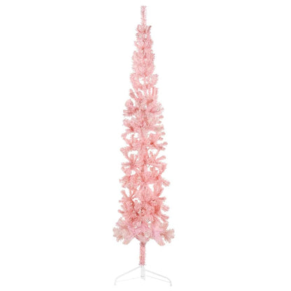 Albero Natale Artificiale Sottile a Metà e Supporto Rosa 210 cm