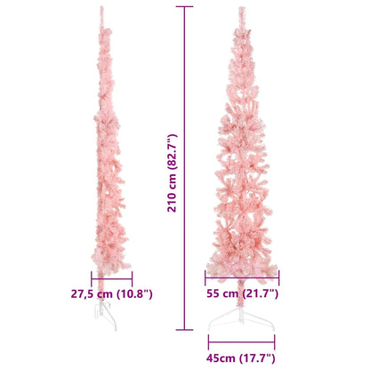 Albero Natale Artificiale Sottile a Metà e Supporto Rosa 210 cm