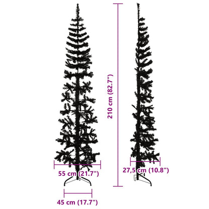 Albero Natale Artificiale Sottile a Metà e Supporto Nero 210 cm