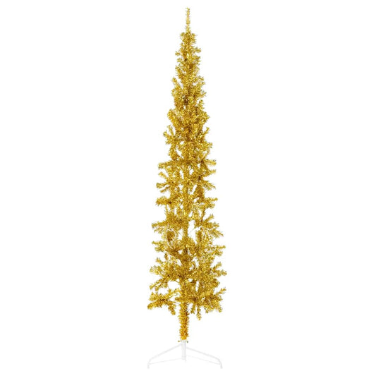 Albero Natale Artificiale Sottile a Metà con Supporto Oro 180cm