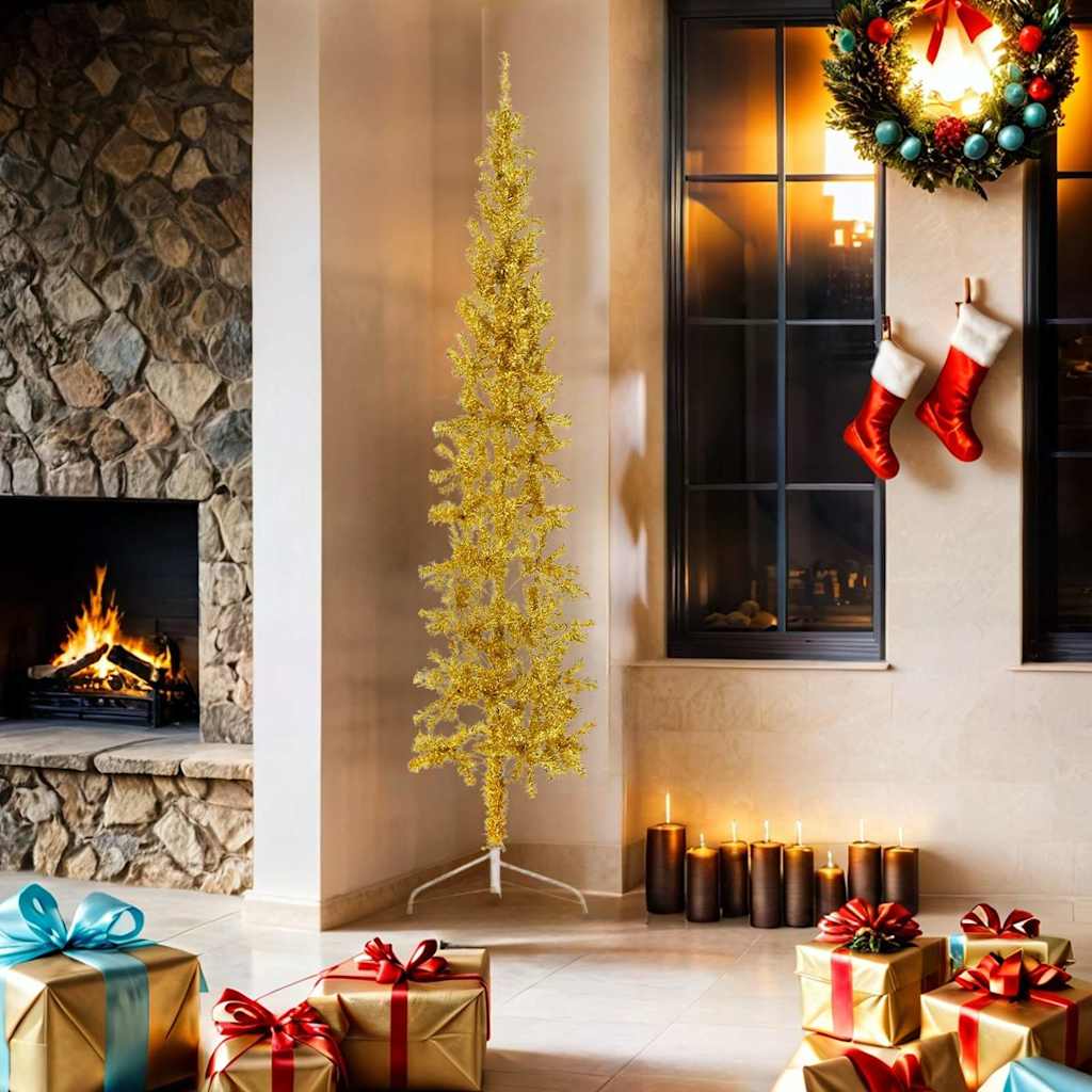 Albero Natale Artificiale Sottile a Metà con Supporto Oro 180cm