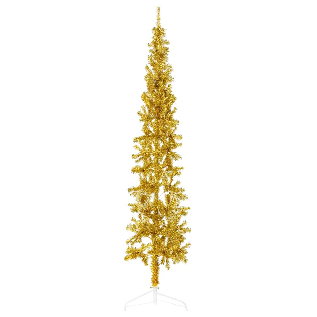 Albero Natale Artificiale Sottile a Metà con Supporto Oro 210cm