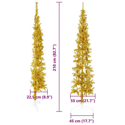 Albero Natale Artificiale Sottile a Metà con Supporto Oro 210cm