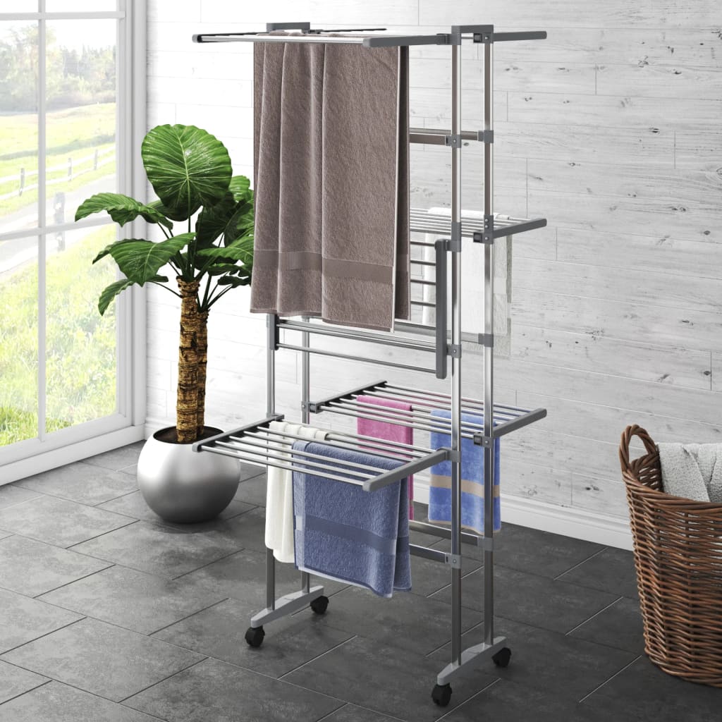 Stendibiancheria a 3 Livelli con Ruote Argento 60x70x129 cm | homemem39
