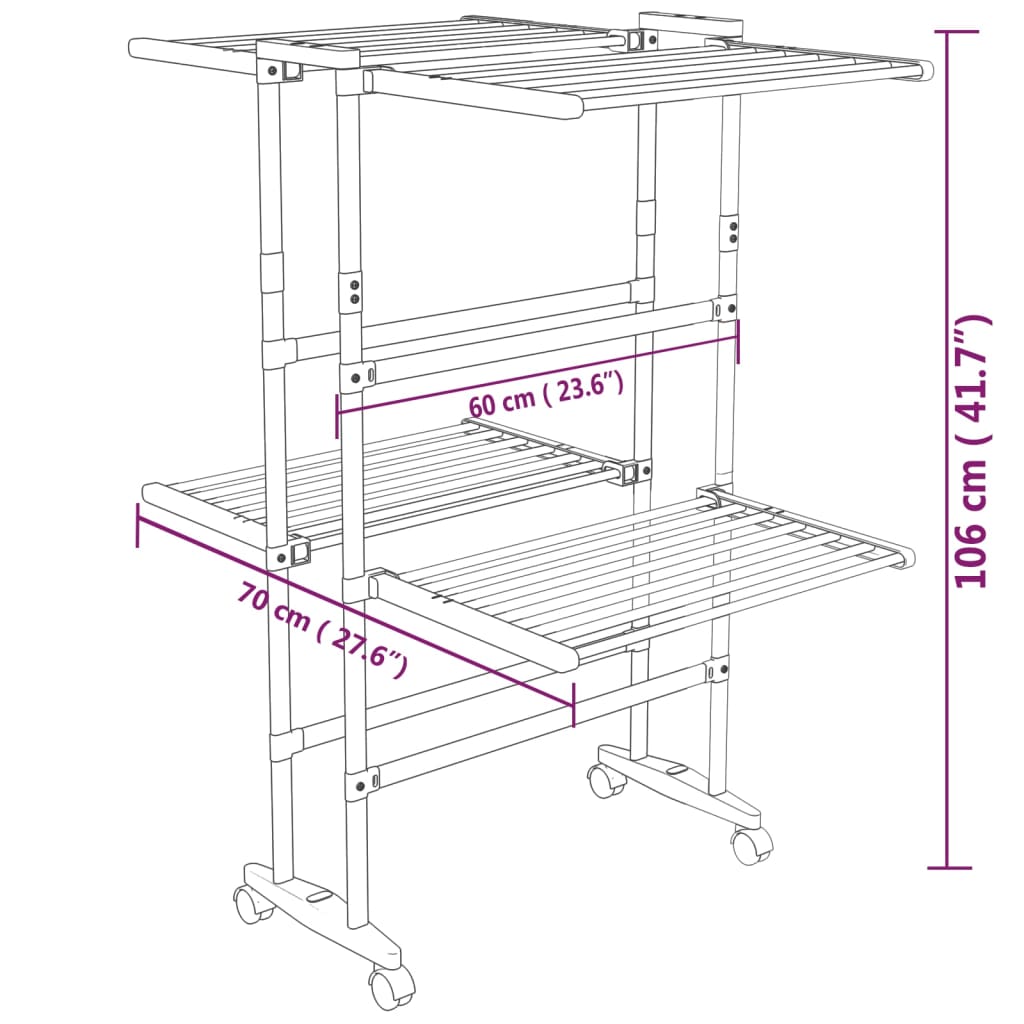 Stendibiancheria a 2 Livelli con Ruote Argento 60x70x106 cm | homemem39