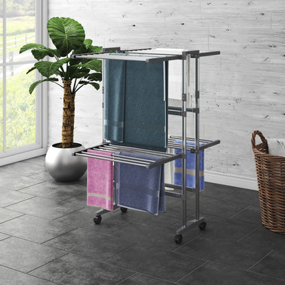 Stendibiancheria a 2 Livelli con Ruote Argento 60x70x106 cm | homemem39