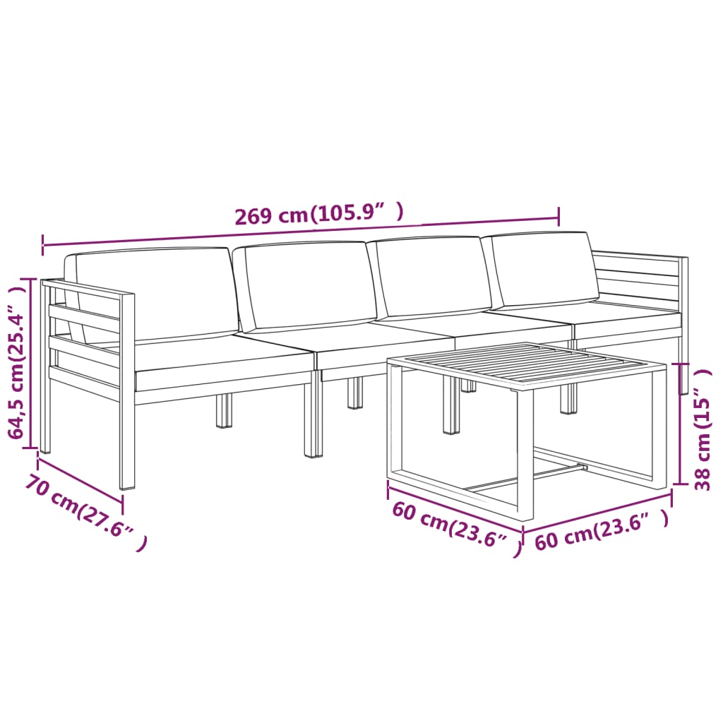 Set Divani da Giardino 5 pz con Cuscini in Alluminio Antracite | homemem39