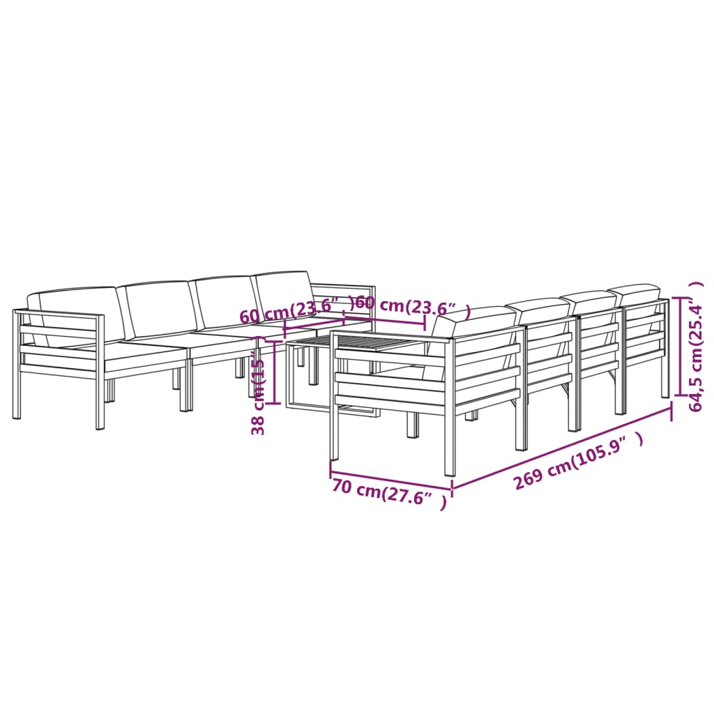Set Divani da Giardino 9 pz con Cuscini in Alluminio Antracite | homemem39