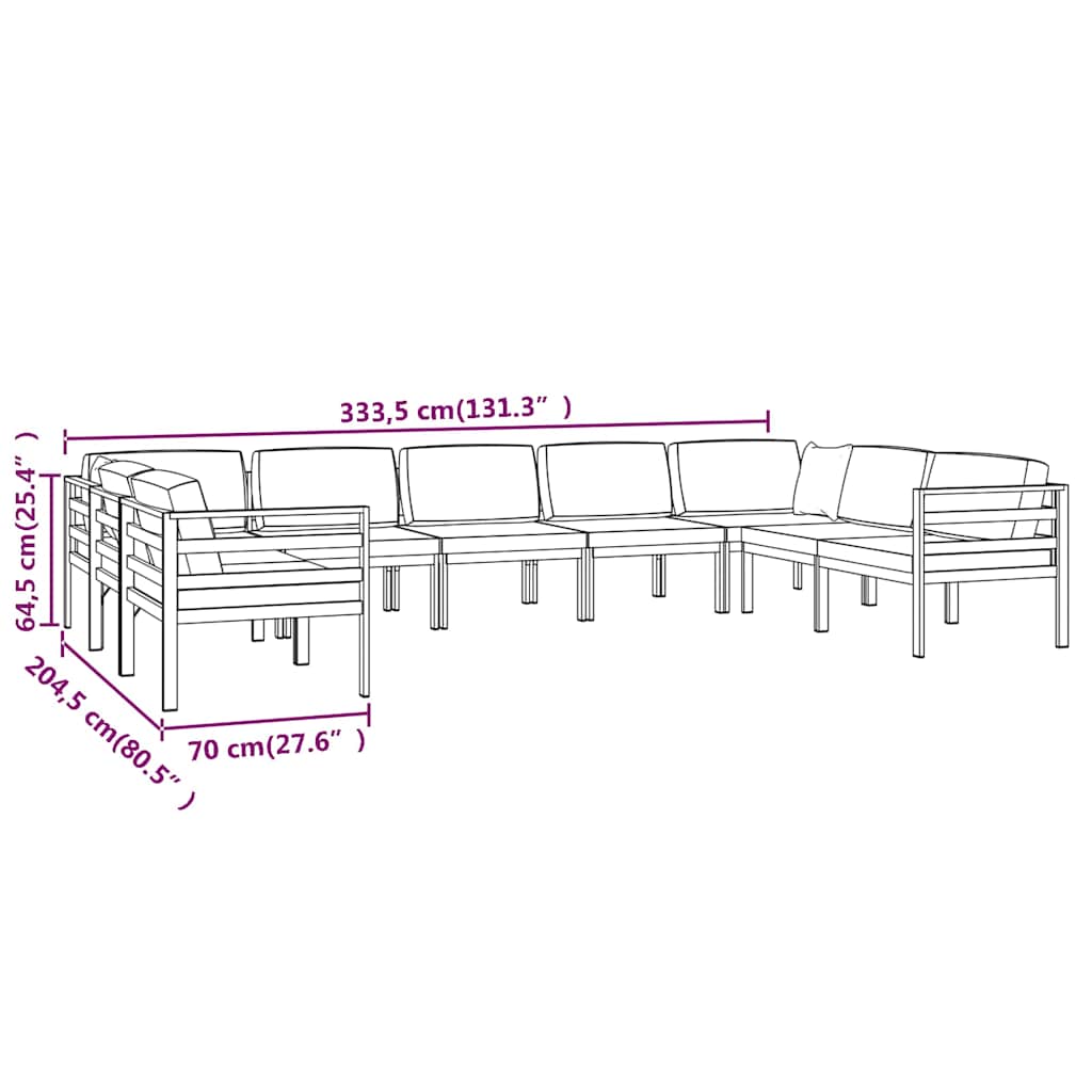 Set Divani da Giardino 9 pz con Cuscini in Alluminio Antracite