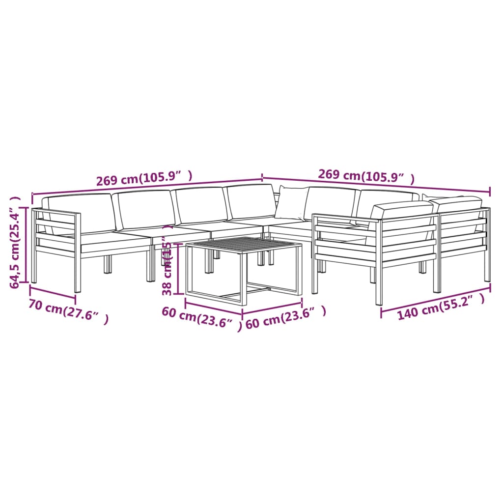 Set Divani da Giardino 9 pz con Cuscini in Alluminio Antracite | homemem39