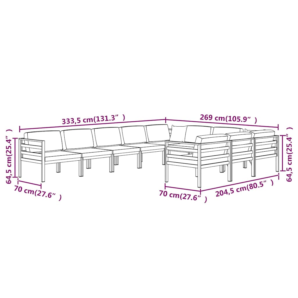 Set Divani da Giardino 10 pz con Cuscini in Alluminio Antracite
