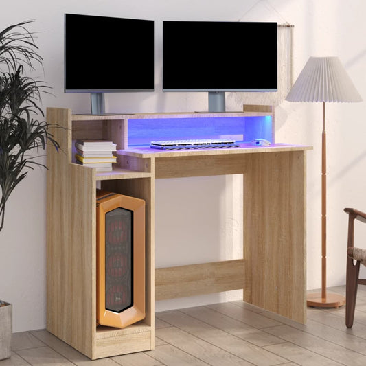 Scrivania con Luci LED Rovere Sonoma 97x45x90 cm in Multistrato - homemem39