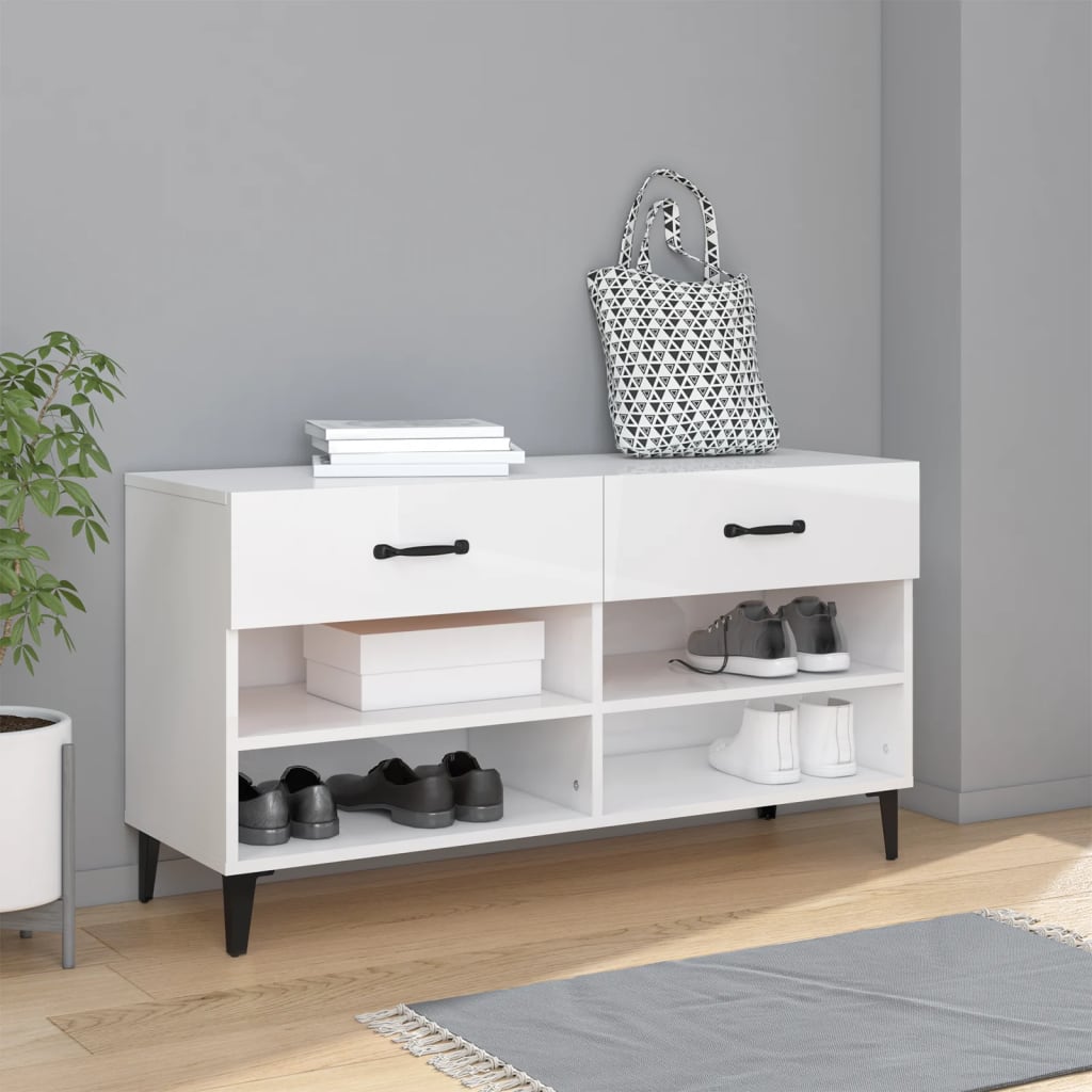 Scarpiera Bianco Lucido 102x35x55 cm in Legno Multistrato - homemem39