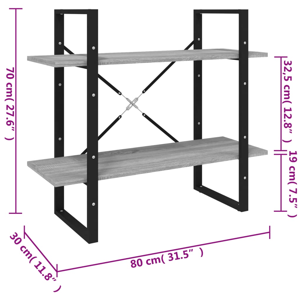 Libreria a 2 Ripiani Grigio Sonoma 80x30x70cm Legno Multistrato | homemem39