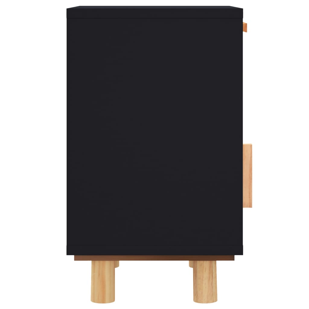 Comodino Nero in Legno Massello di Pino e Rattan Naturale - homemem39