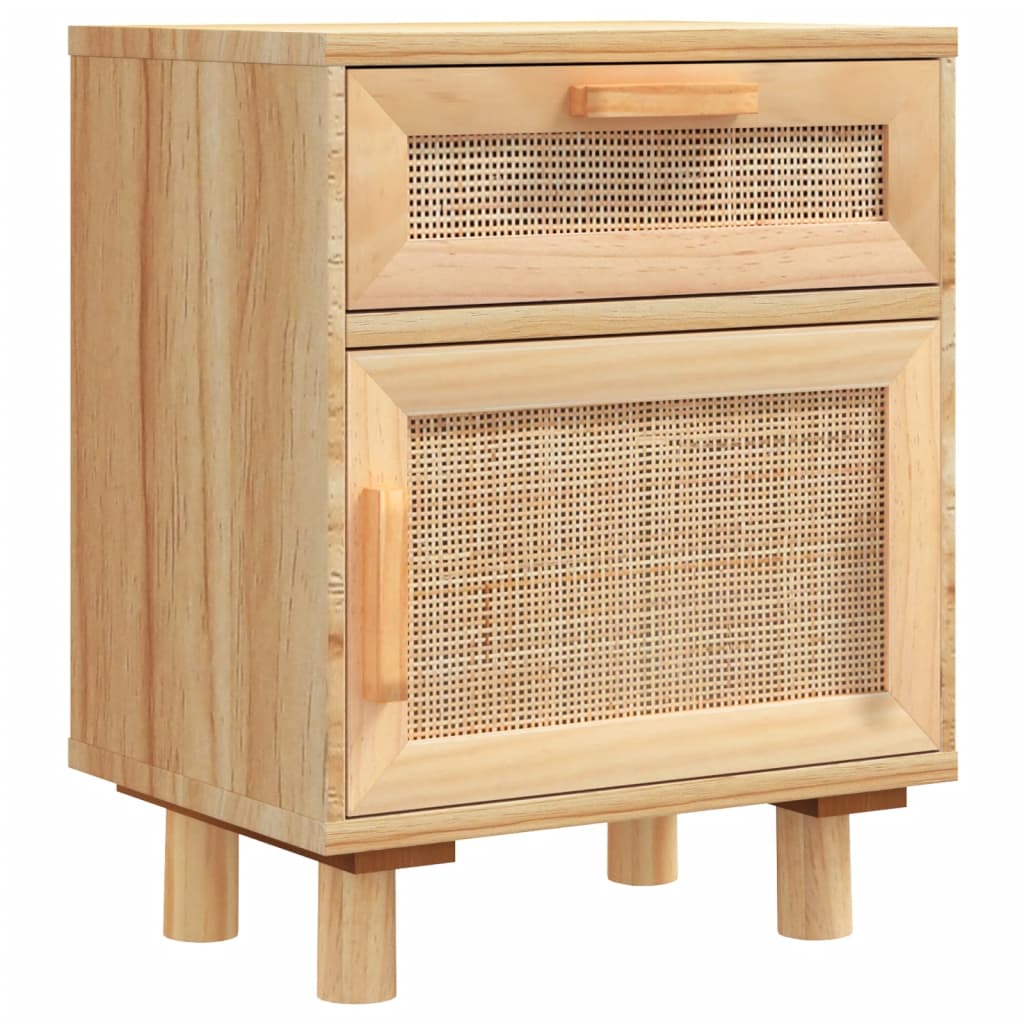 Comodino Marrone in Legno Massello di Pino e Rattan Naturale | homemem39