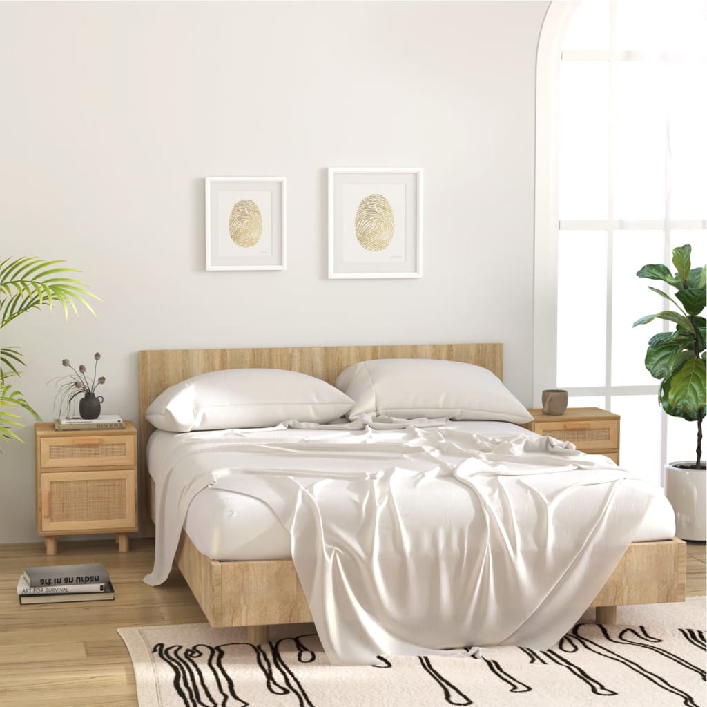 Comodino Marrone in Legno Massello di Pino e Rattan Naturale | homemem39