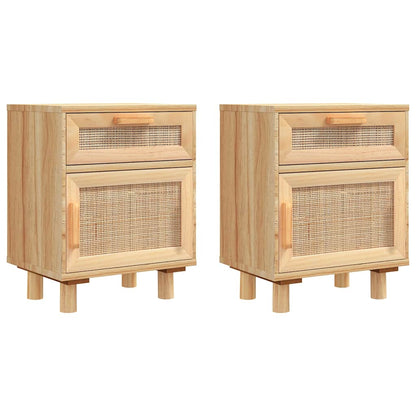Comodini 2 pz Marroni Legno Massello di Pino e Rattan Naturale | homemem39