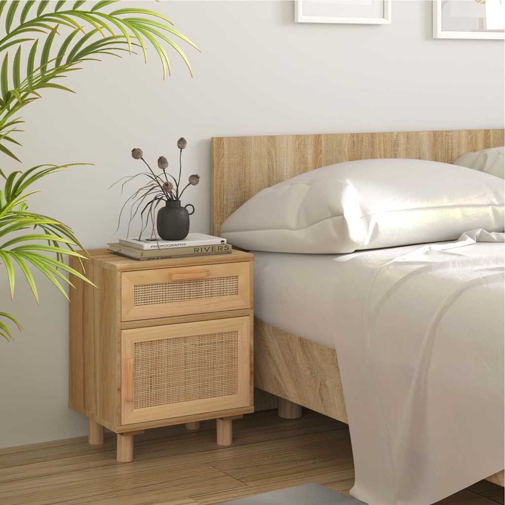 Comodini 2 pz Marroni Legno Massello di Pino e Rattan Naturale | homemem39