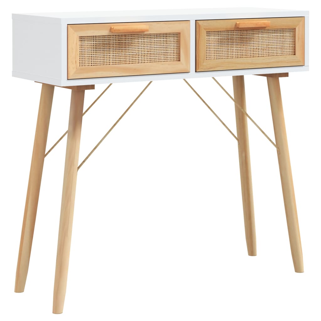 Tavolo Consolle Bianco 80x30x75cm Massello Pino Rattan Naturale | homemem39