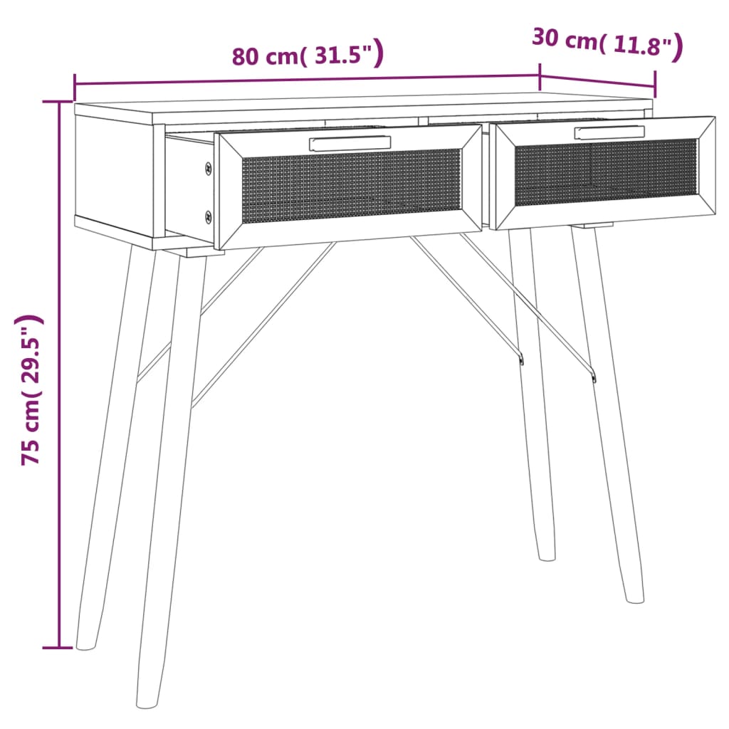 Tavolo Consolle Bianco 80x30x75cm Massello Pino Rattan Naturale | homemem39