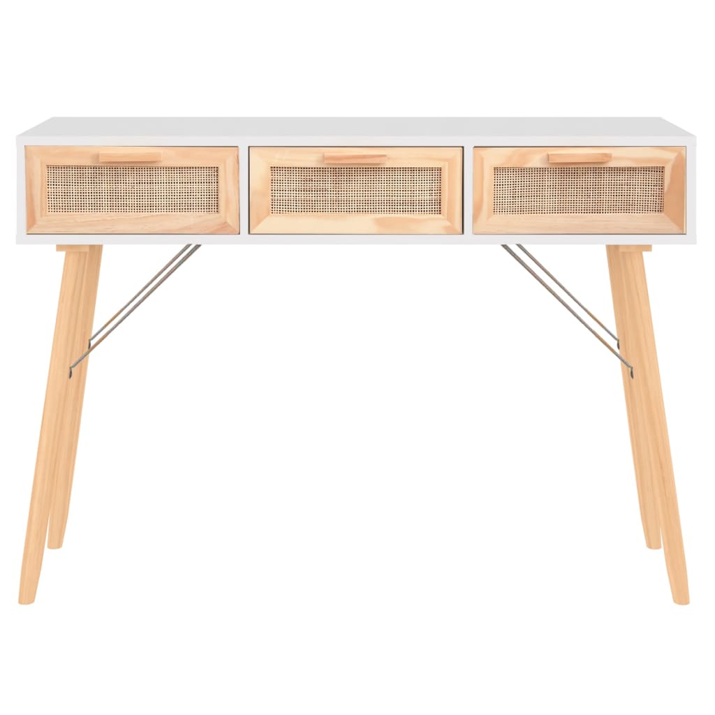 Tavolo Consolle Bianco 105x30x75 Massello Pino Rattan Naturale - homemem39