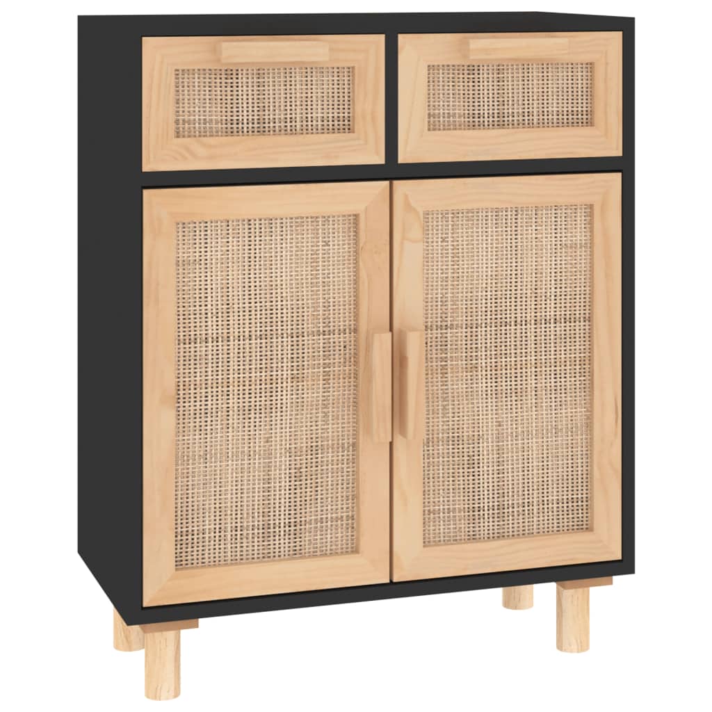 Credenza Nera 60x30x75 cm Legno Massello Pino e Rattan Naturale - homemem39