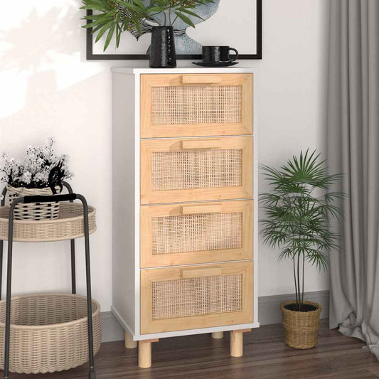Credenza Bianca 40x30x90cm Legno Massello Pino Rattan Naturale - homemem39