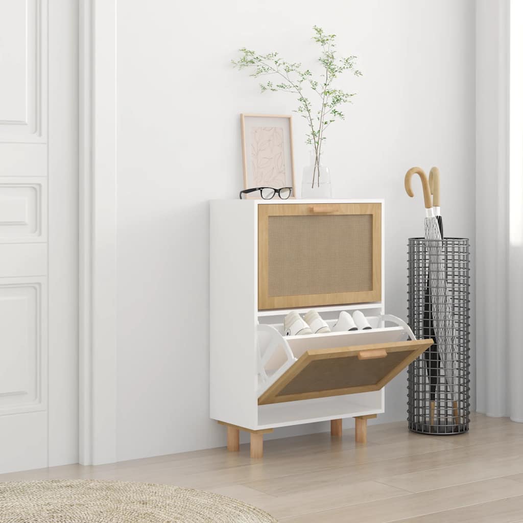 Scarpiera Bianca 52x25x80cm Legno Multistrato e Rattan Naturale - homemem39