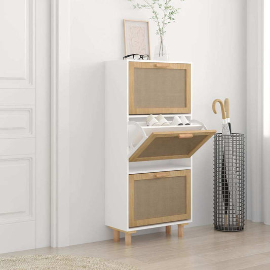 Scarpiera Bianca52x25x115cm Legno Multistrato e Rattan Naturale - homemem39