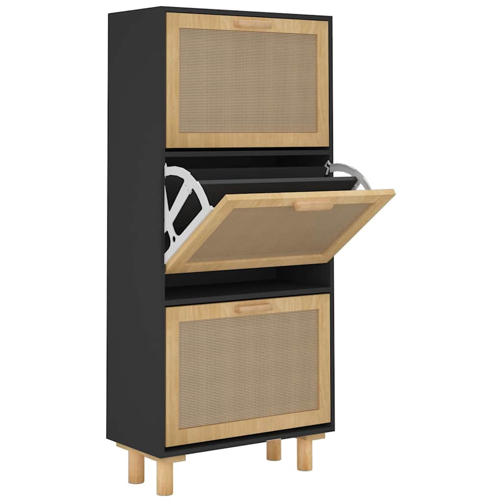 Scarpiera Nero 52x25x115cm Legno Multistrato e Rattan Naturale - homemem39