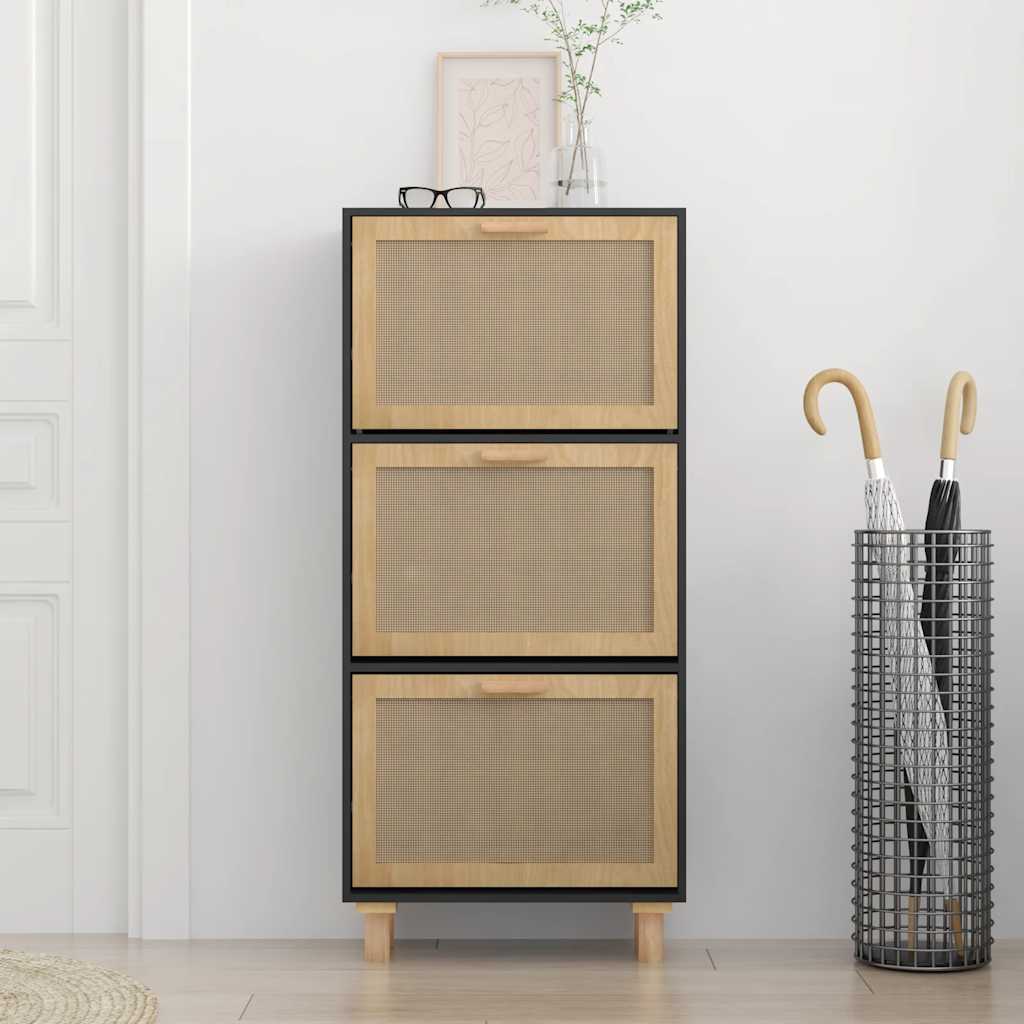 Scarpiera Nero 52x25x115cm Legno Multistrato e Rattan Naturale - homemem39