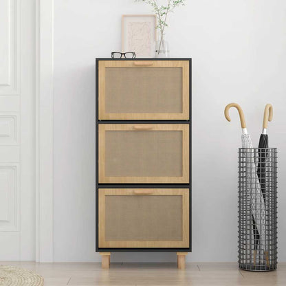 Scarpiera Nero 52x25x115cm Legno Multistrato e Rattan Naturale - homemem39